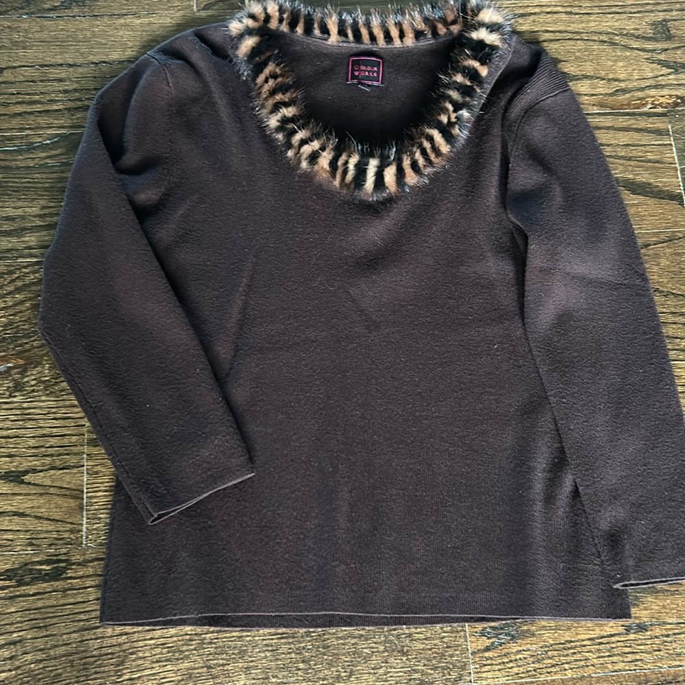 Color Works sweater with fur around neck line